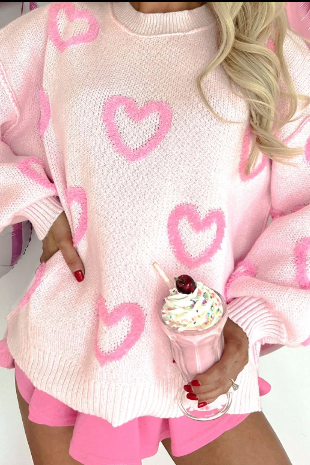 High-Low Heart Round Neck Long Sleeve Sweater - adritiX