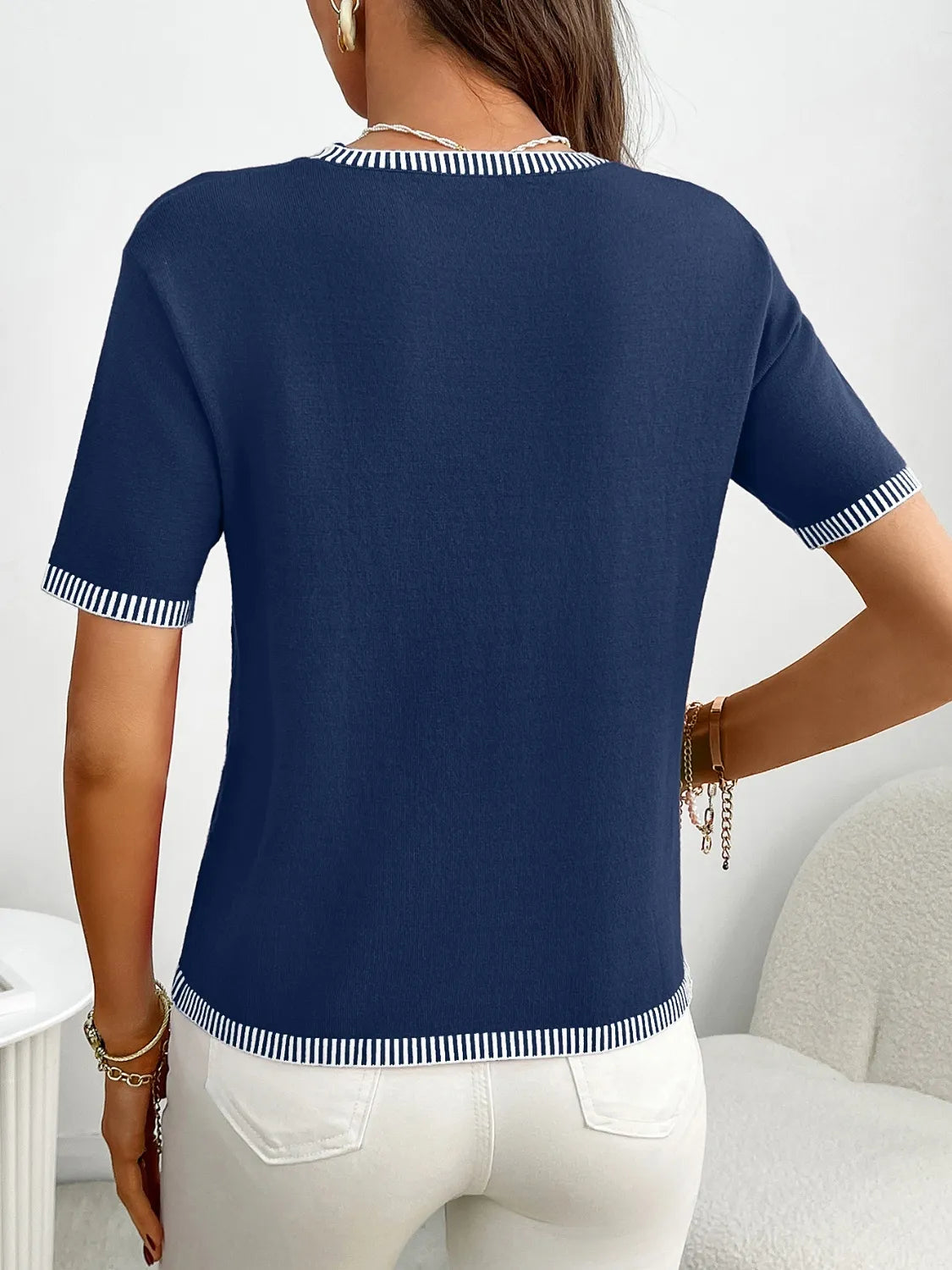 Short Sleeve Round Neck Knit Top - adritiX