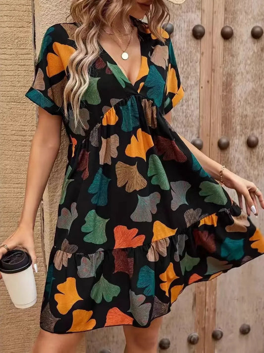 Printed V-neck Short Sleeve Boho Mini Dress - adritiX