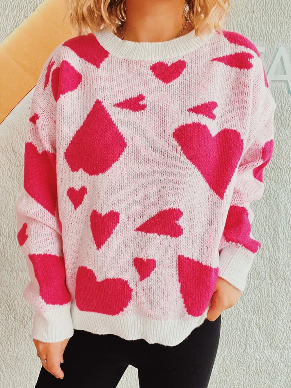 Heart Round Neck Long Sleeve Sweater - adritiX