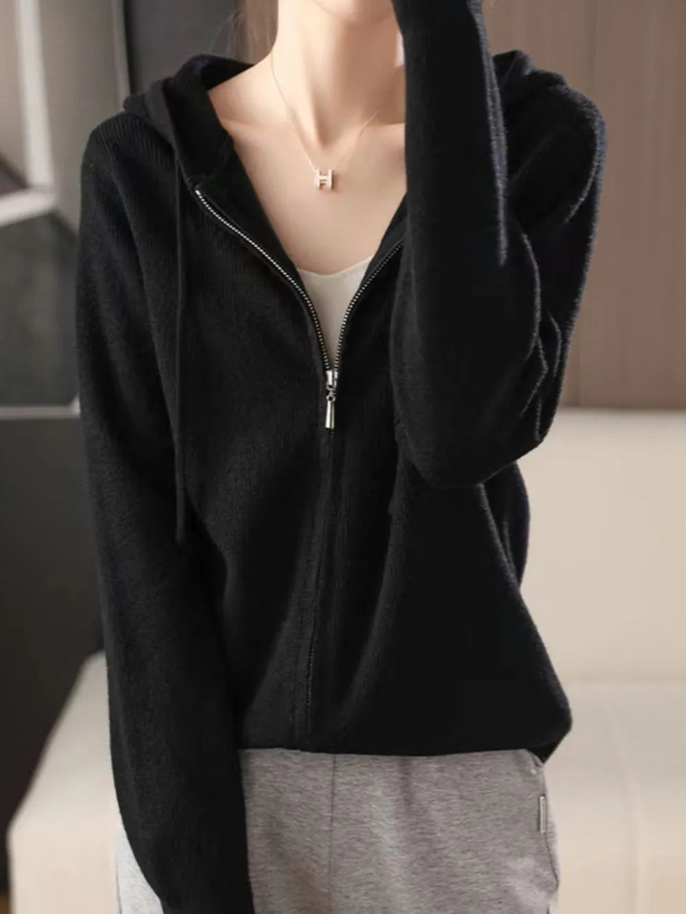Drawstring Zip Up Long Sleeve Hooded Sweater - adritiX