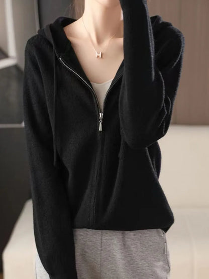 Drawstring Zip Up Long Sleeve Hooded Sweater - adritiX