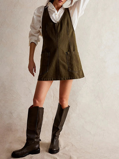 Oversized V-Neck Denim Tank Dress with Front Pockets - adritiX