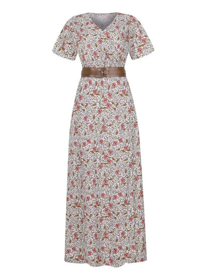 Full Size Printed V-Neck Short Sleeve Maxi Dress Plus Size - adritiX