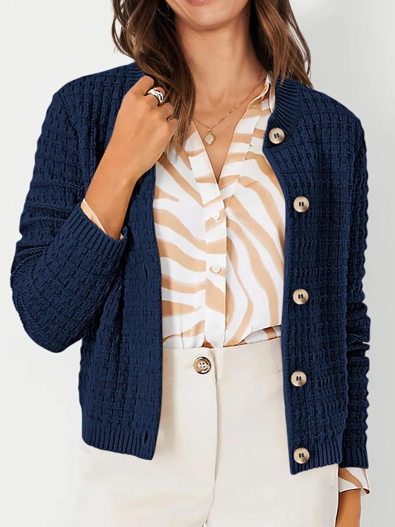 Elegant Textured Knit Button-Front Cardigan - adritiX