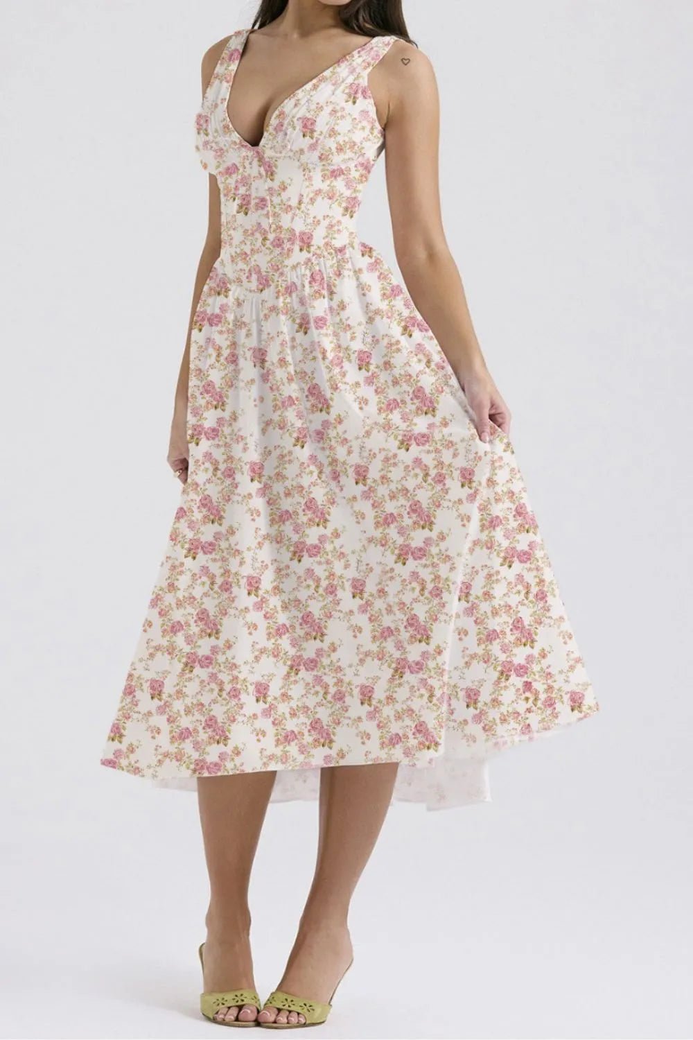 Floral V-Neck Sleeveless Midi Dress with Pockets - adritiX