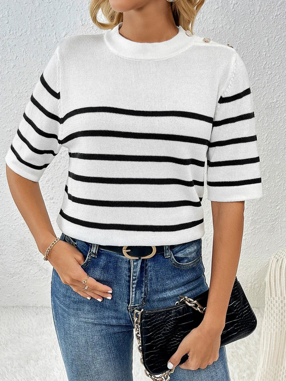 Striped Round Neck Half Sleeve Knit Top - adritiX
