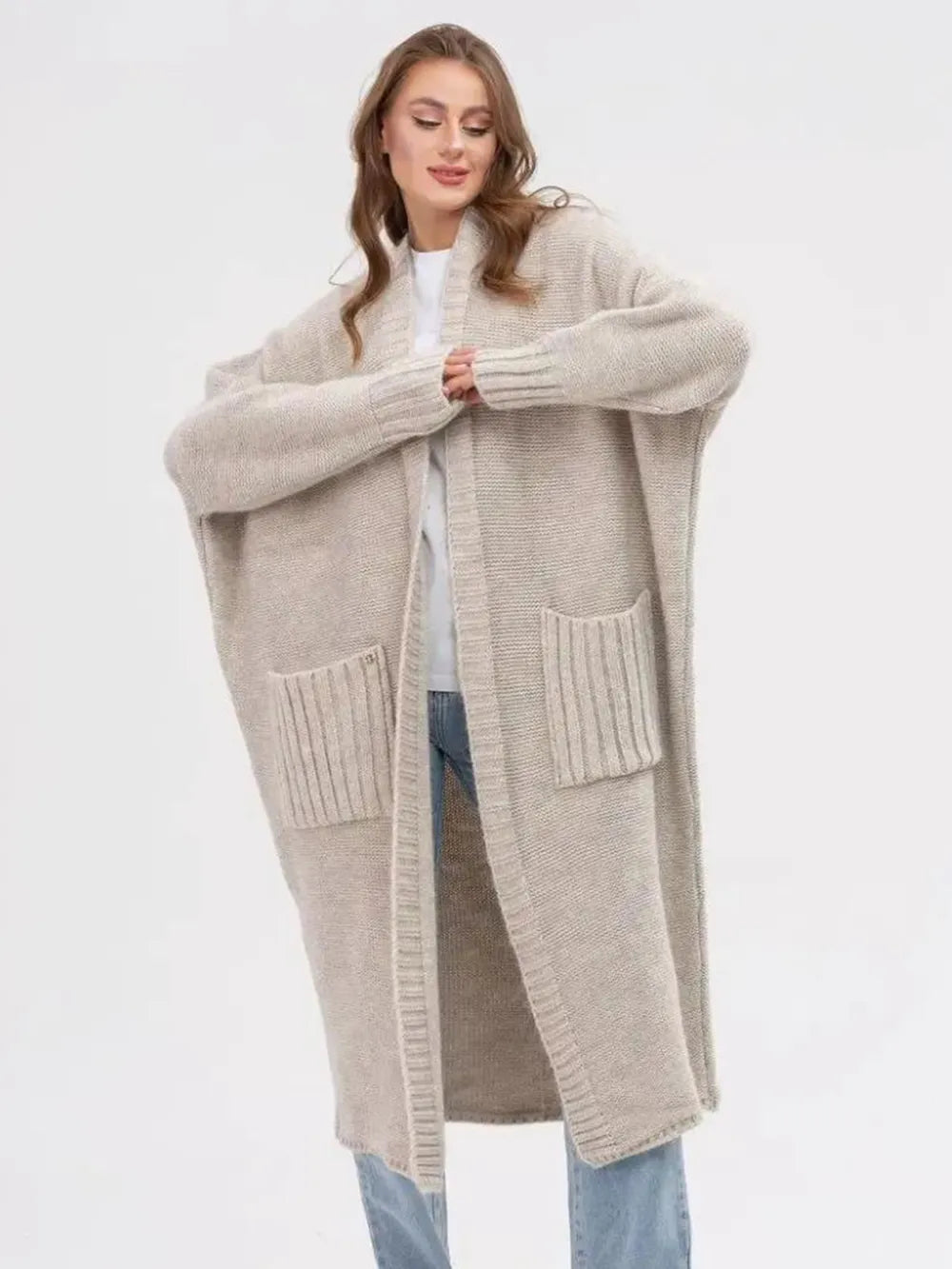 Pocketed Open Front Long Sleeve Longline Cardigan - adritiX