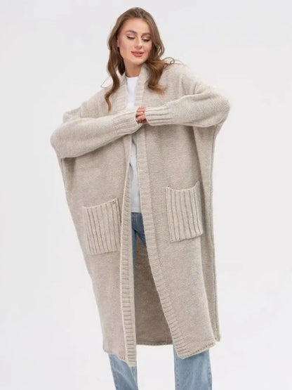 Pocketed Open Front Long Sleeve Longline Cardigan - adritiX