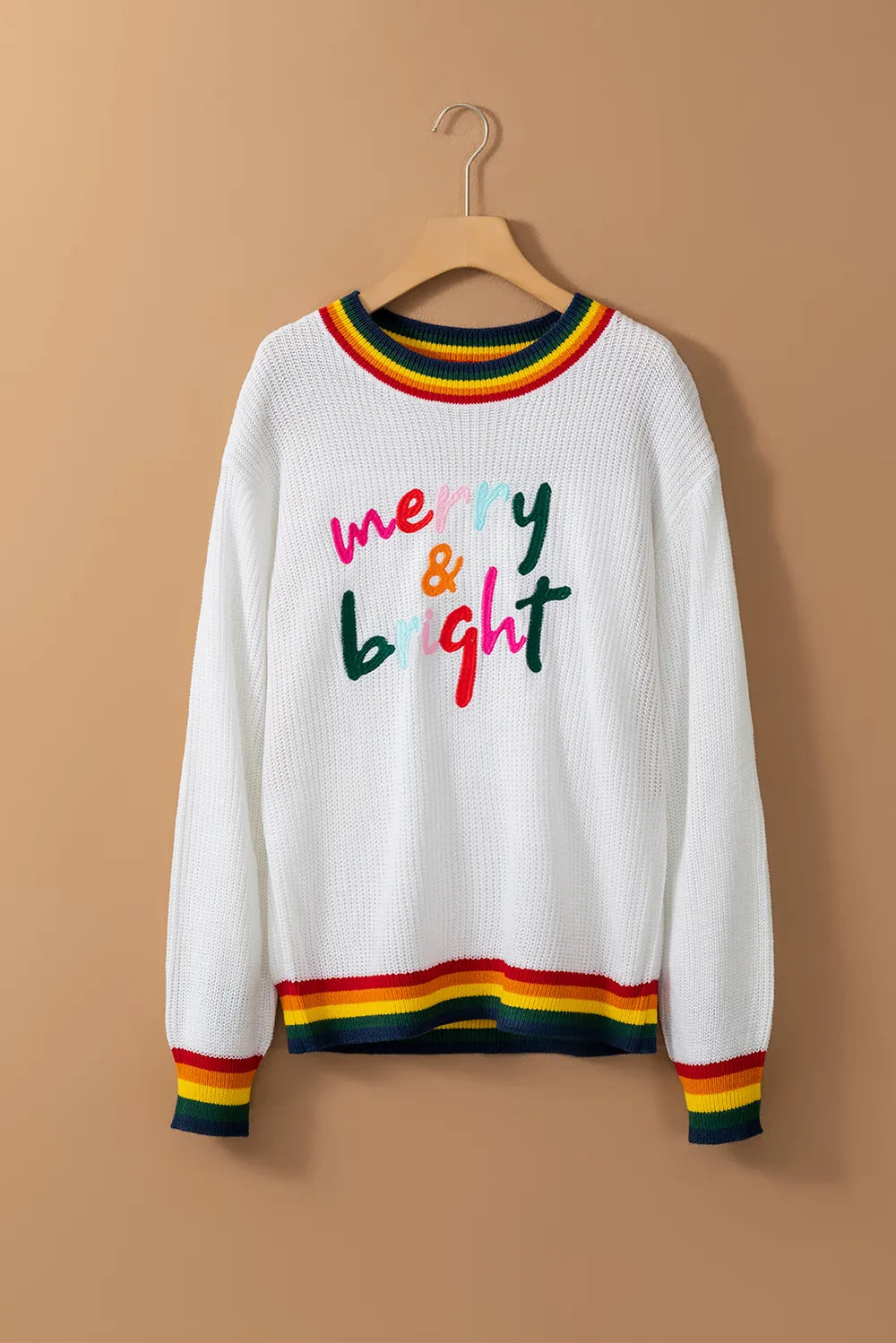 Elegant MERRY & BRIGHT Ribbed Round Neck Sweater - adritiX