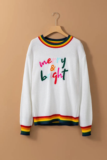 Elegant MERRY & BRIGHT Ribbed Round Neck Sweater - adritiX