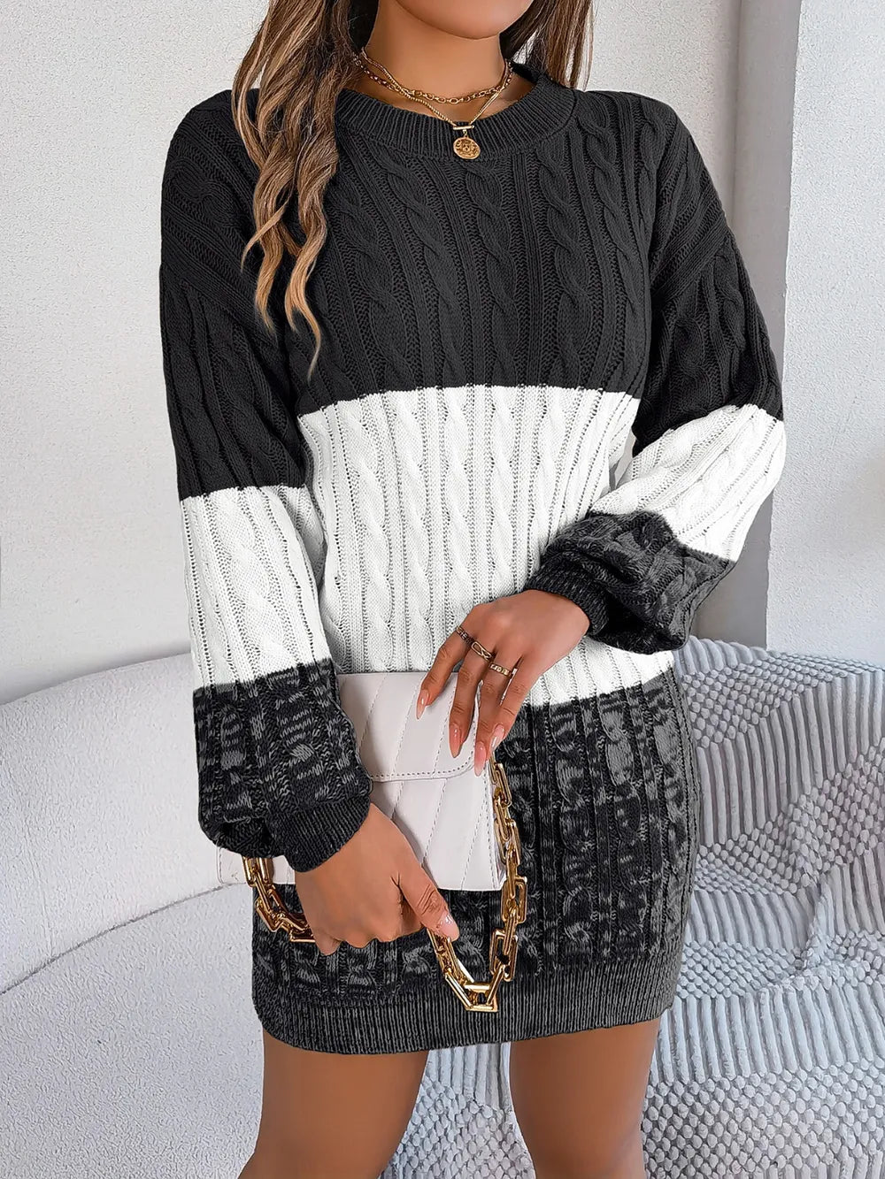Cable-Knit Round Neck Color Block Sweater Dress - adritiX