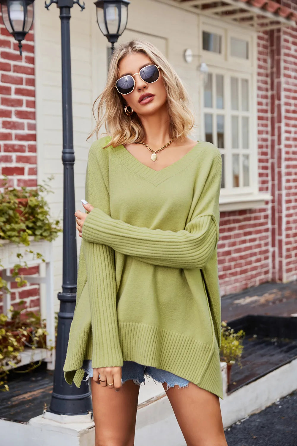 Slit V-Neck Dropped Shoulder Sweater - adritiX