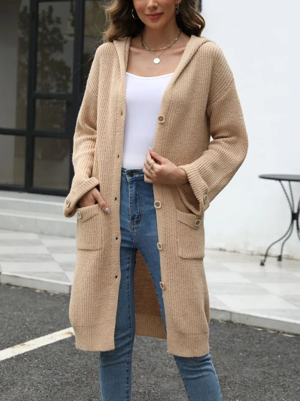 Pocketed Button Up Long Sleeve Hooded Cardigan - adritiX