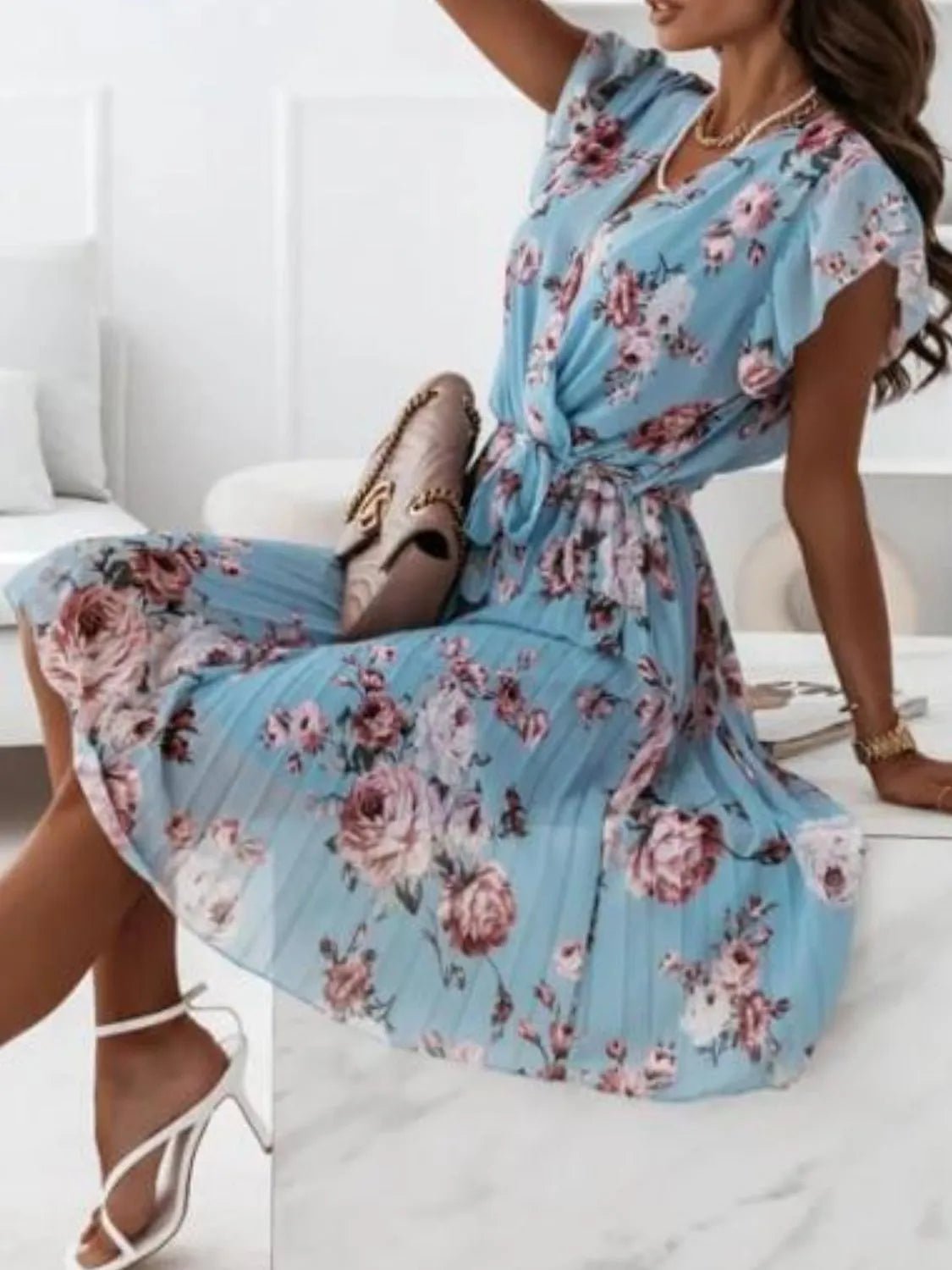 Floral Surplice Ruffled Cap Sleeve Dress - adritiX