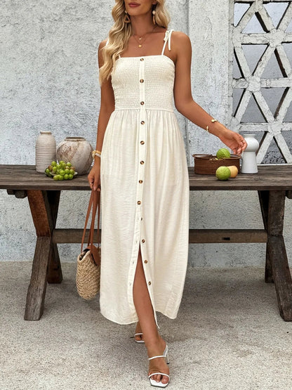 Smocked Button Front Tie Shoulder Dress - adritiX