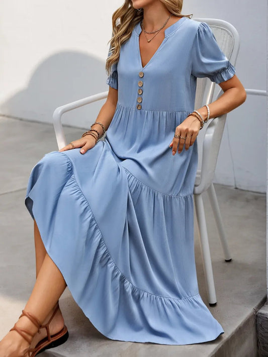 Notched Short Sleeve Tiered Midi Dress - adritiX