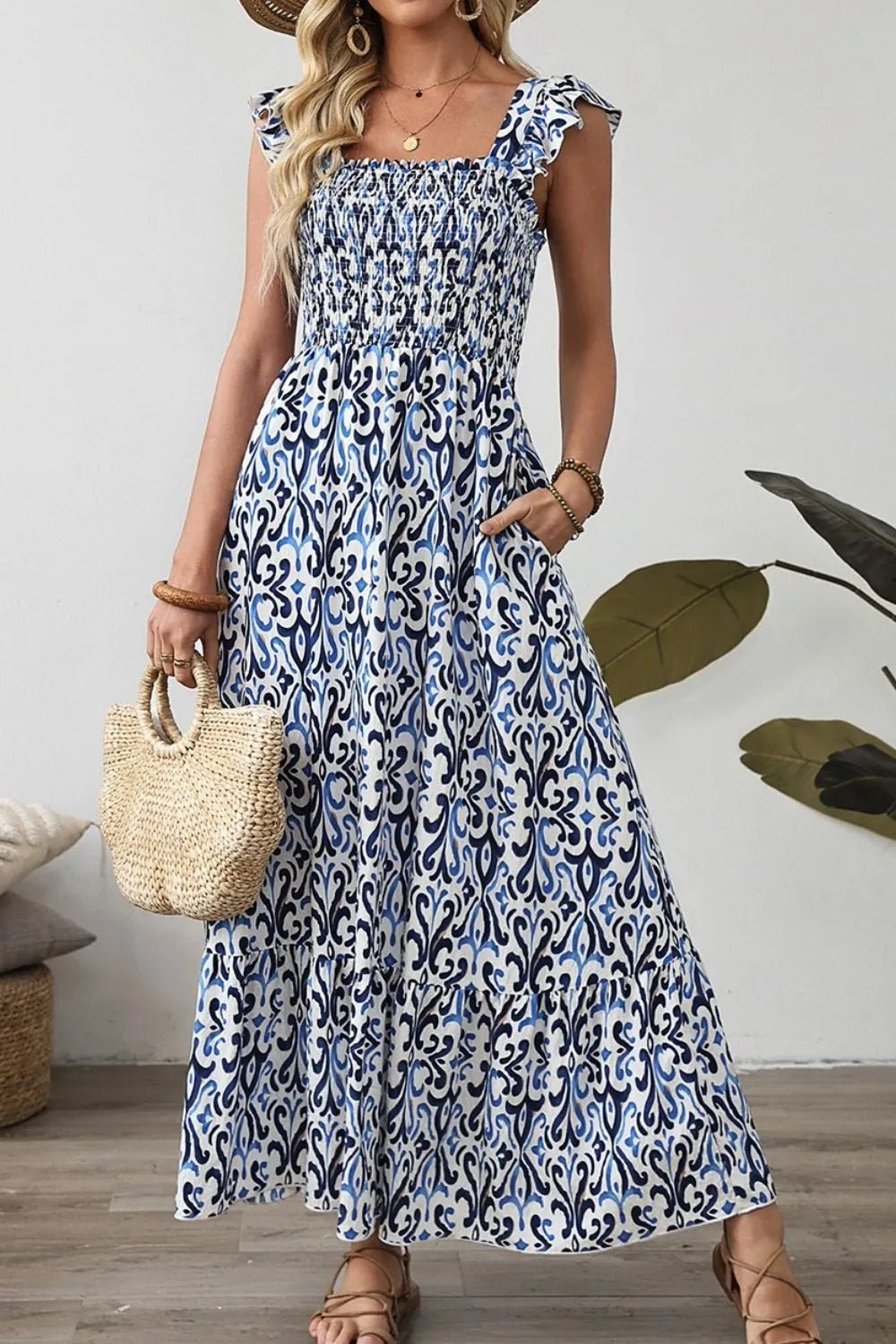 Smocked Printed Square Neck Dress - adritiX