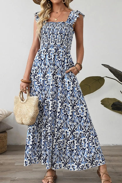 Smocked Printed Square Neck Dress - adritiX