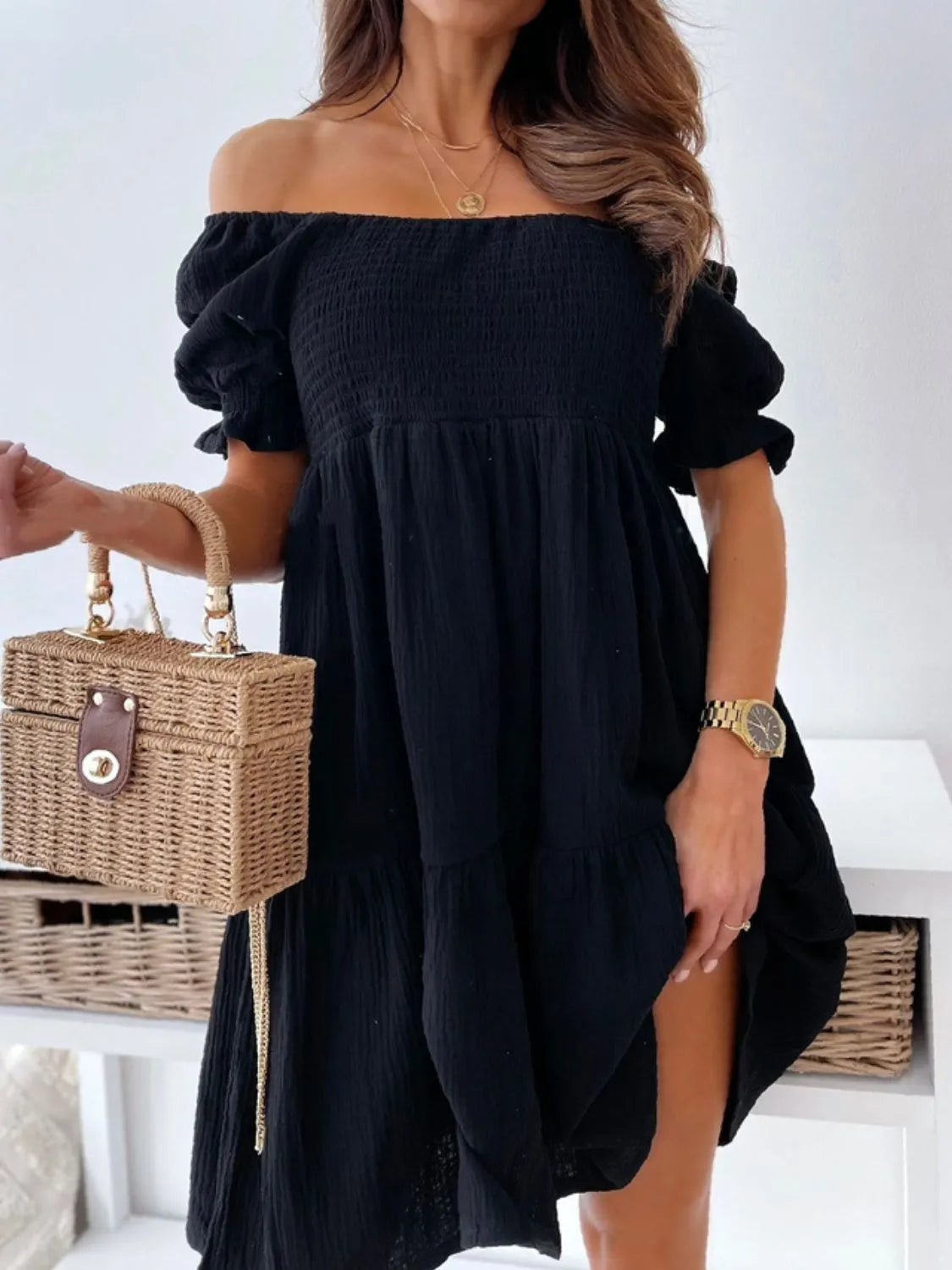 Smocked Off-Shoulder Mini Dress - adritiX