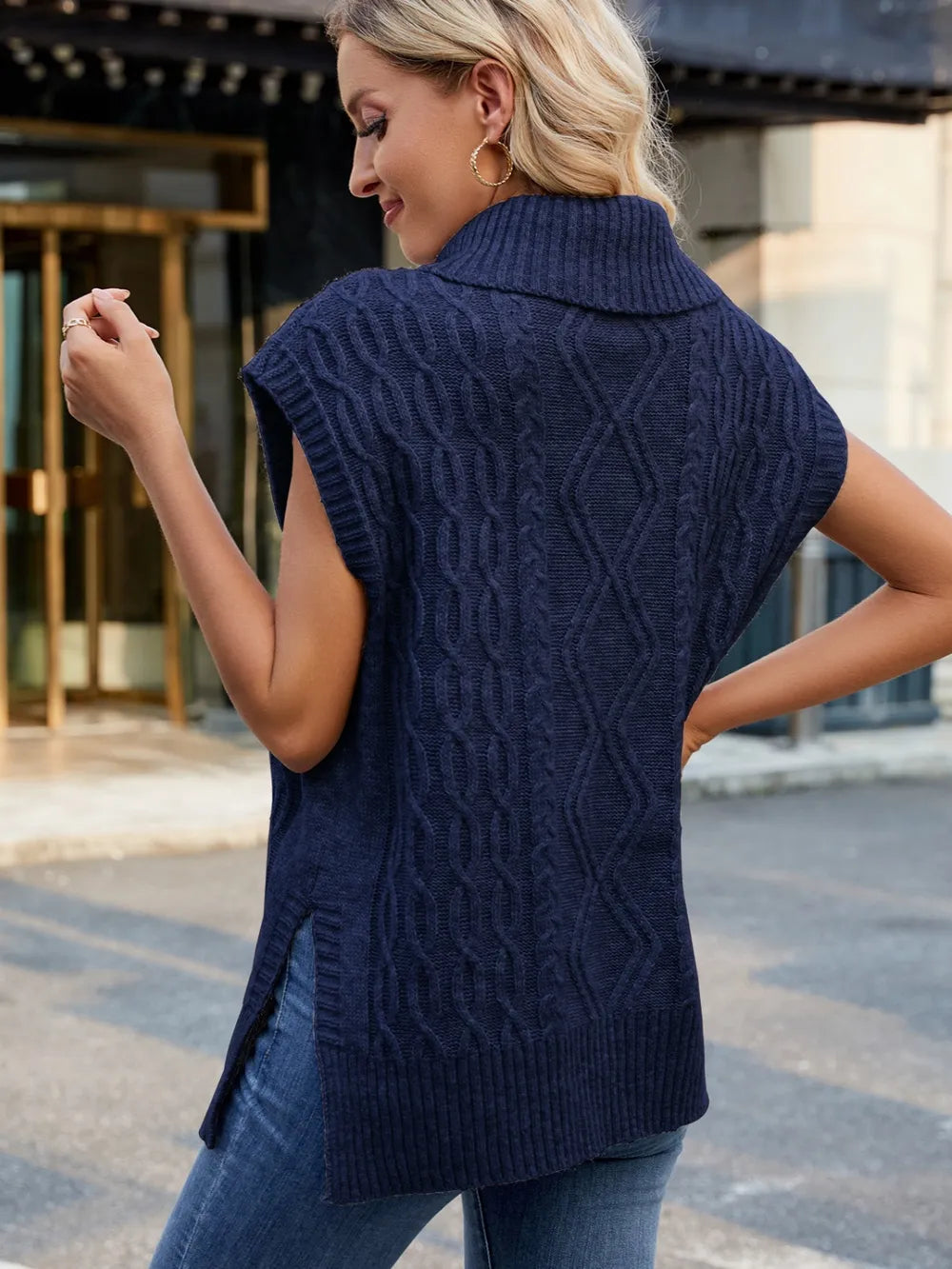 Side Slit Turtleneck Sweater Vest - adritiX