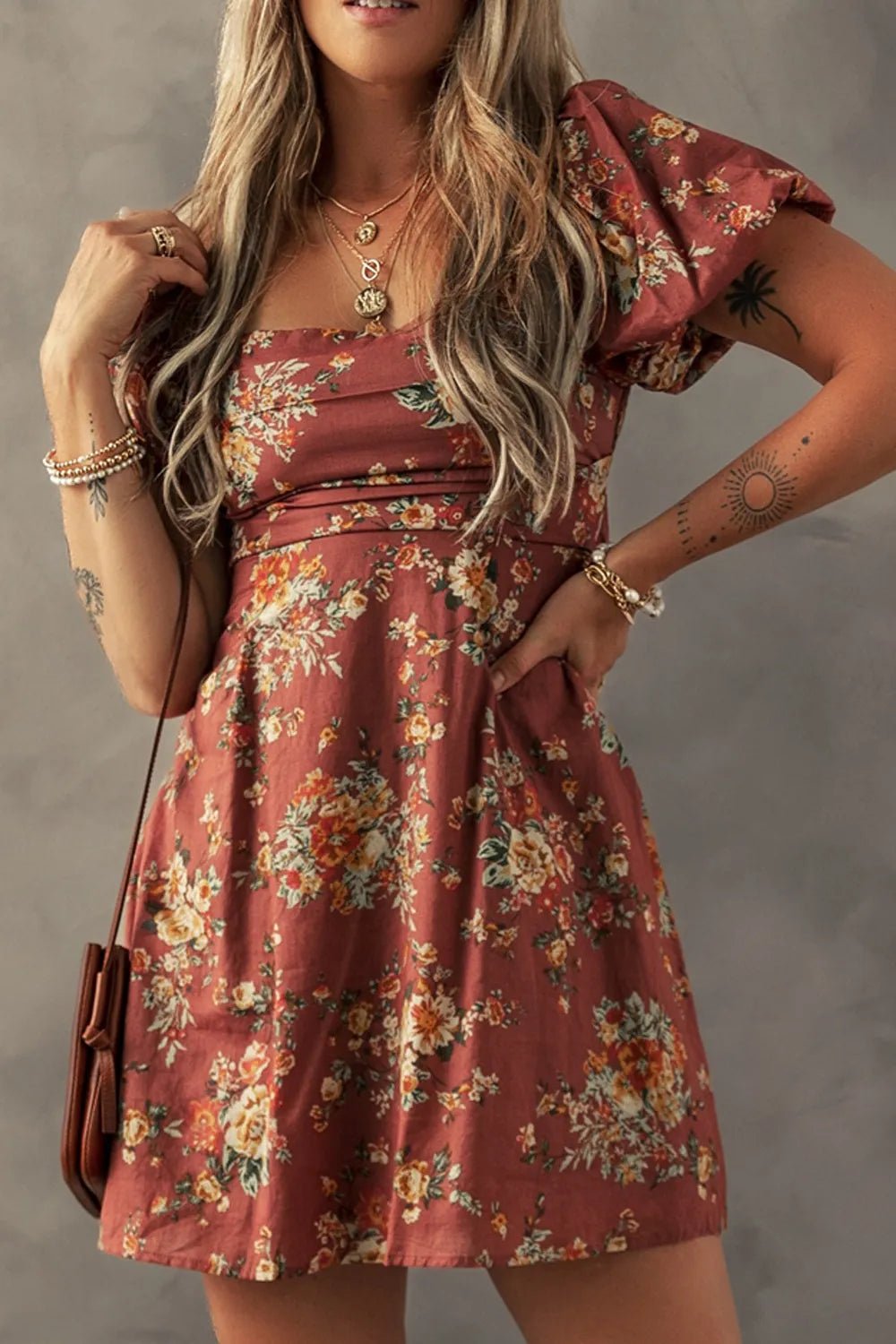 Floral Puff Sleeve Square Neck Knot Open Back Mini Dress - adritiX