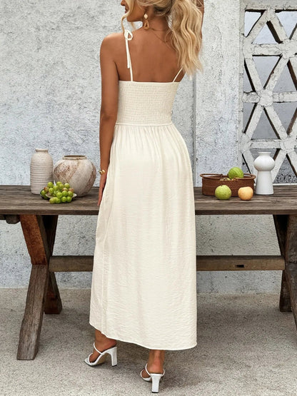 Smocked Button Front Tie Shoulder Dress - adritiX