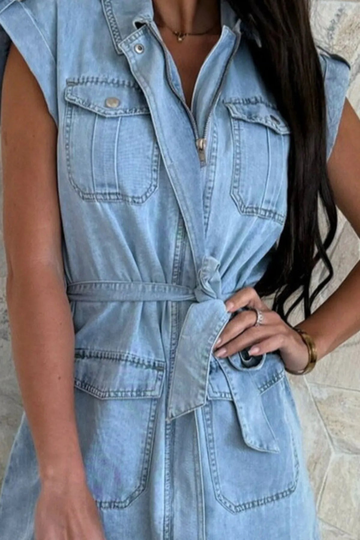 Casual Tie Waist Denim Mini Dress - adritiX