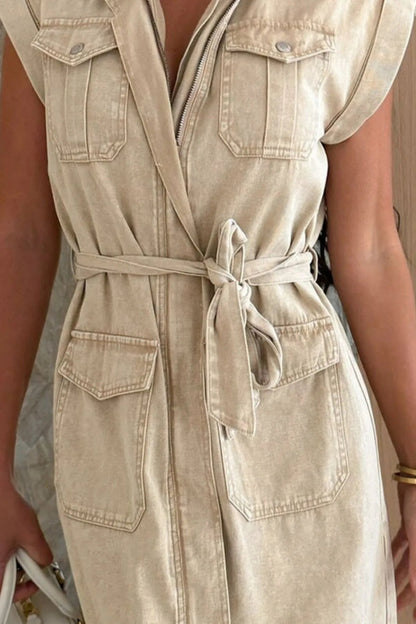 Casual Tie Waist Denim Mini Dress - adritiX