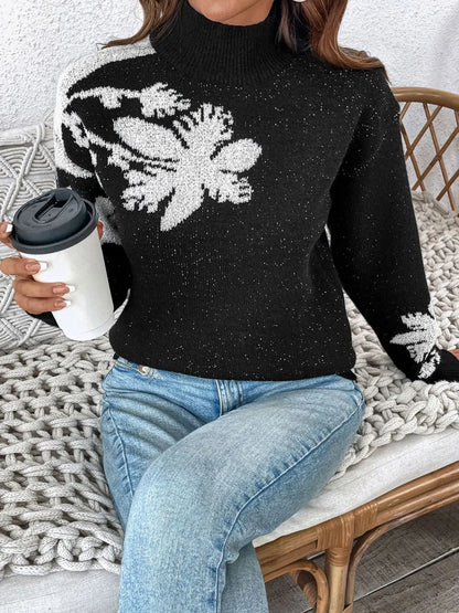Perfee Flower Mock Neck Long Sleeve Sweater - adritiX