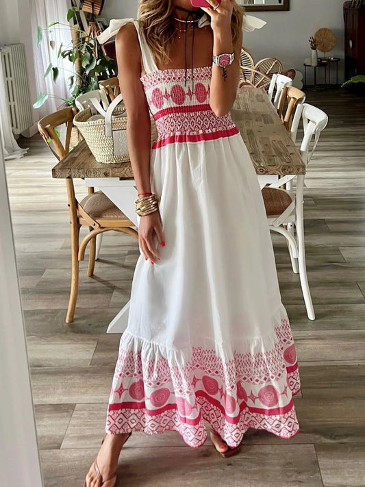 Smocked Printed Tie Shoulder Maxi Dress - adritiX