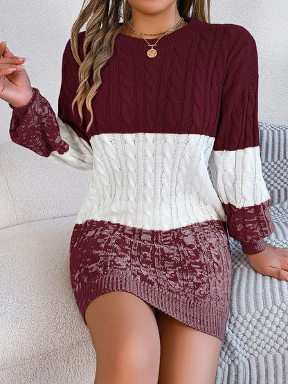 Cable-Knit Round Neck Color Block Sweater Dress - adritiX