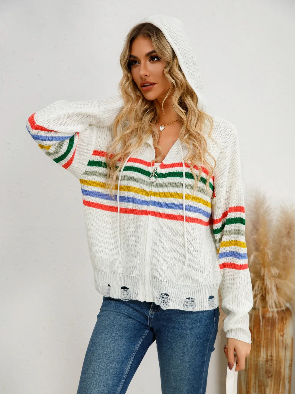 Drawstring Striped Dropped Shoulder Hooded Cardigan - adritiX