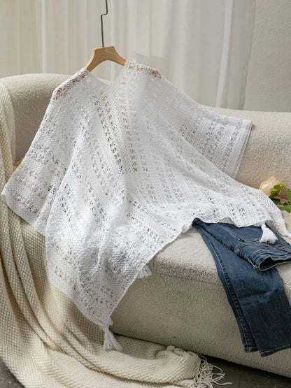Elegant Openwork Tassel Open Front Knit Cover Up - adritiX