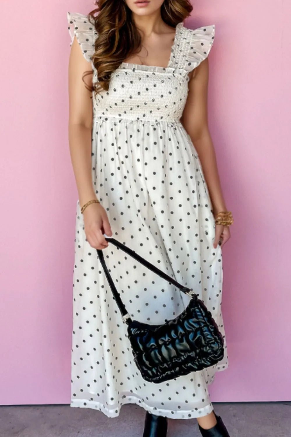 Polka Dot Ruffle Sleeve Smocked Midi Dress - adritiX