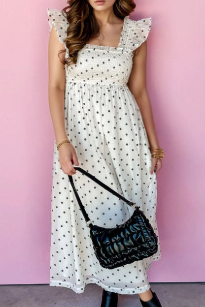 Polka Dot Ruffle Sleeve Smocked Midi Dress - adritiX