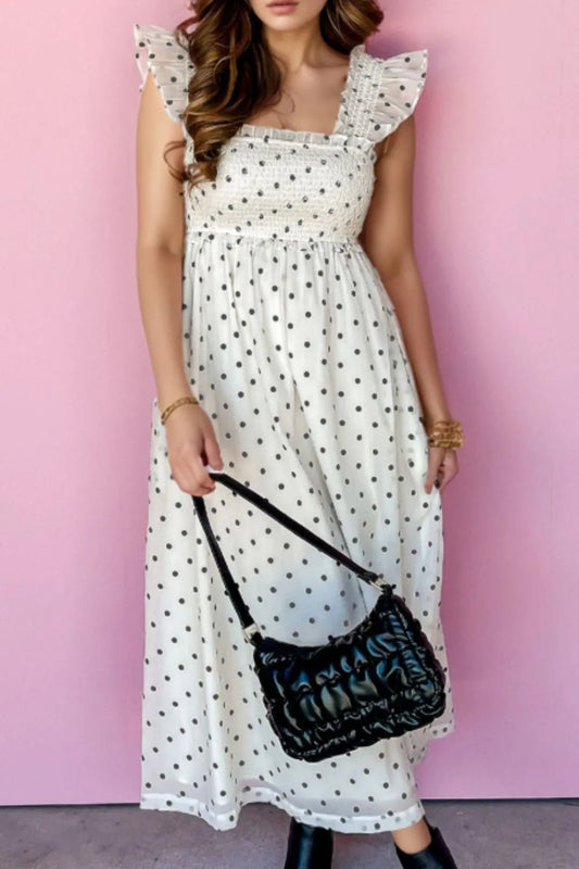 Polka Dot Ruffle Sleeve Smocked Midi Dress - adritiX
