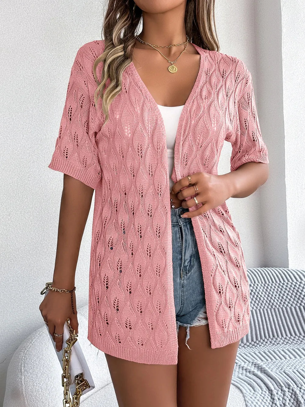 Openwork Open Front Short Sleeve Cardigan - adritiX