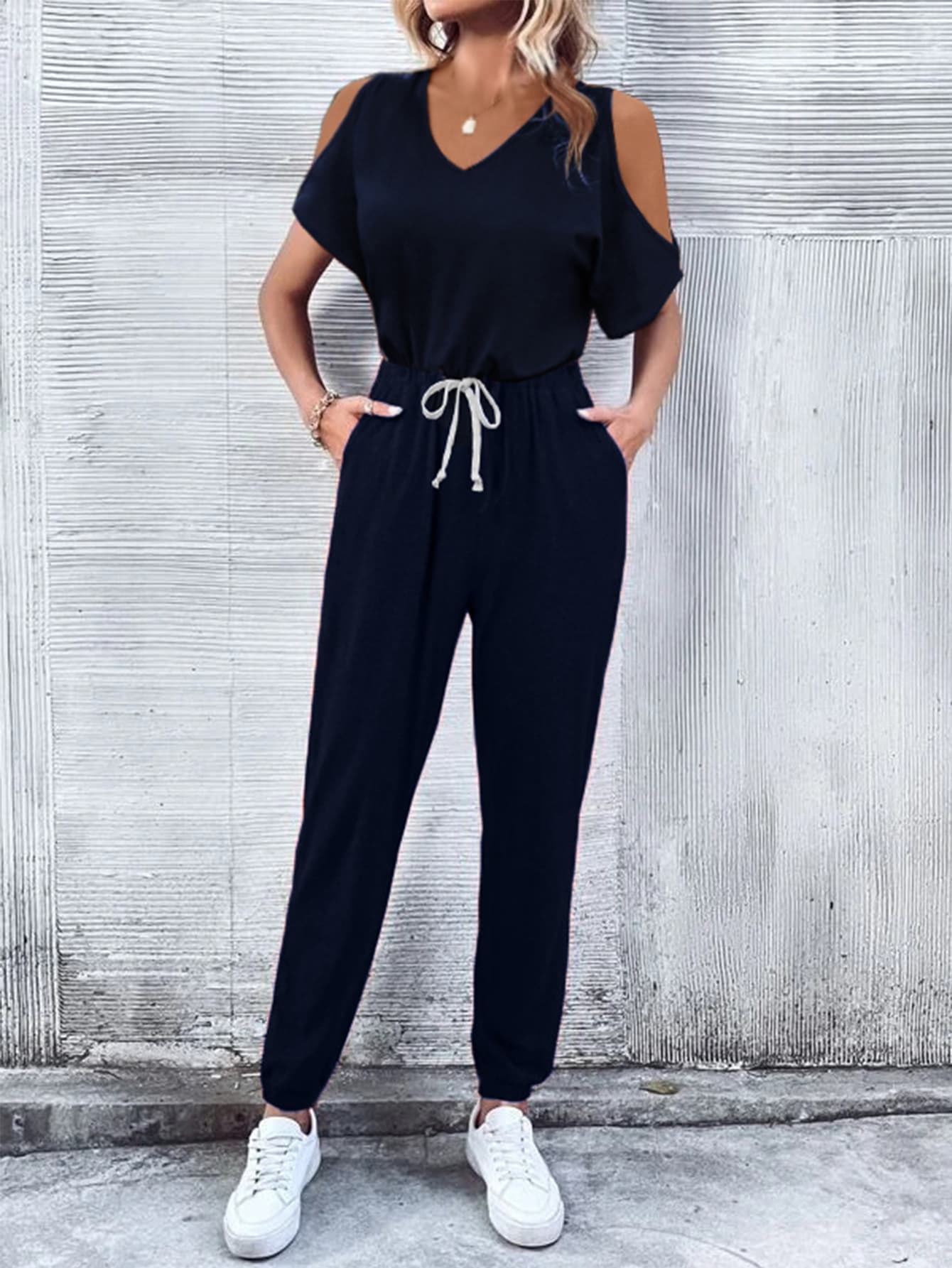 Elegant V-Neck Cold-Shoulder Jumpsuit with Pockets - adritiX