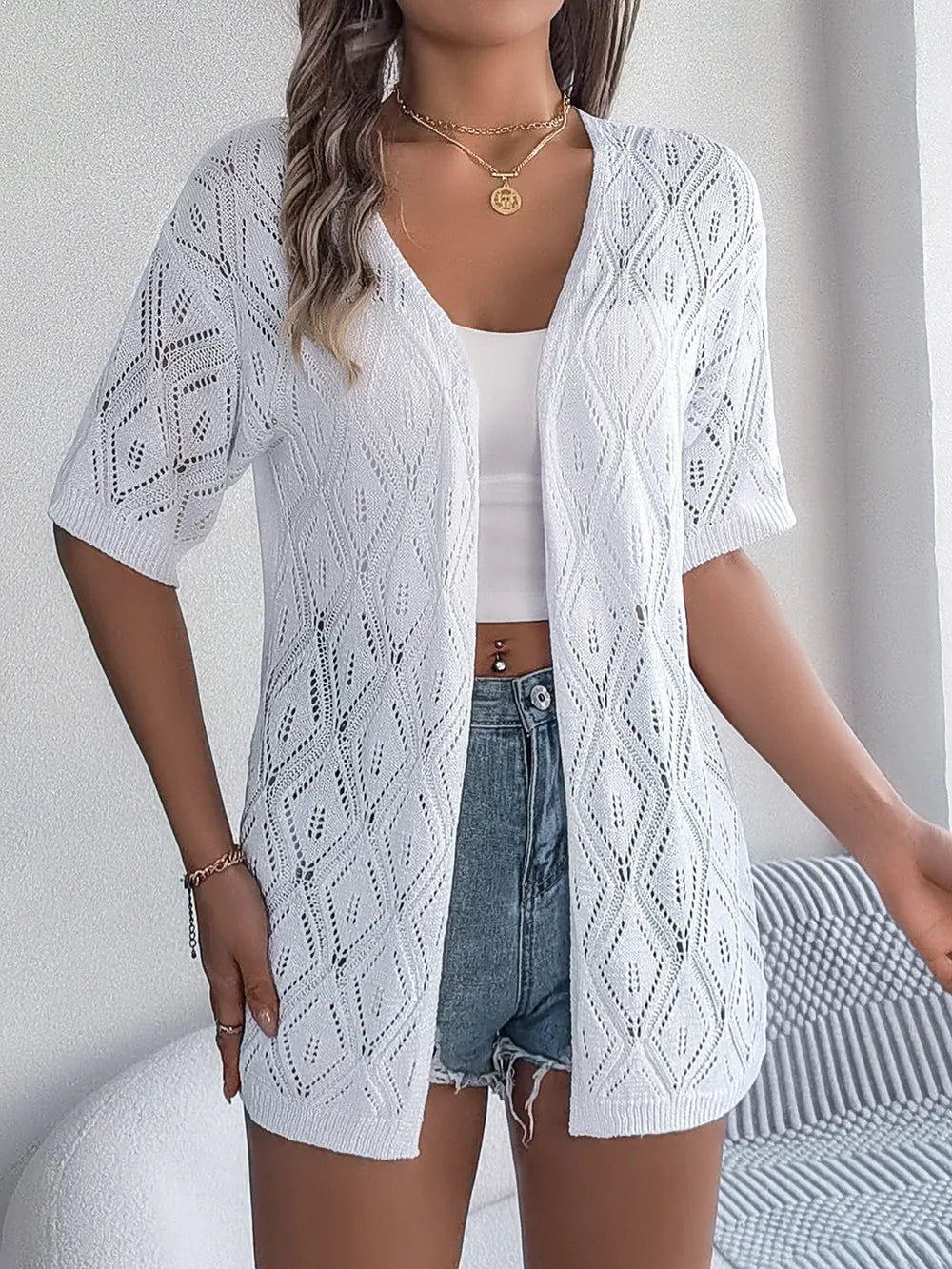 Openwork Open Front Half Sleeve Cardigan - adritiX