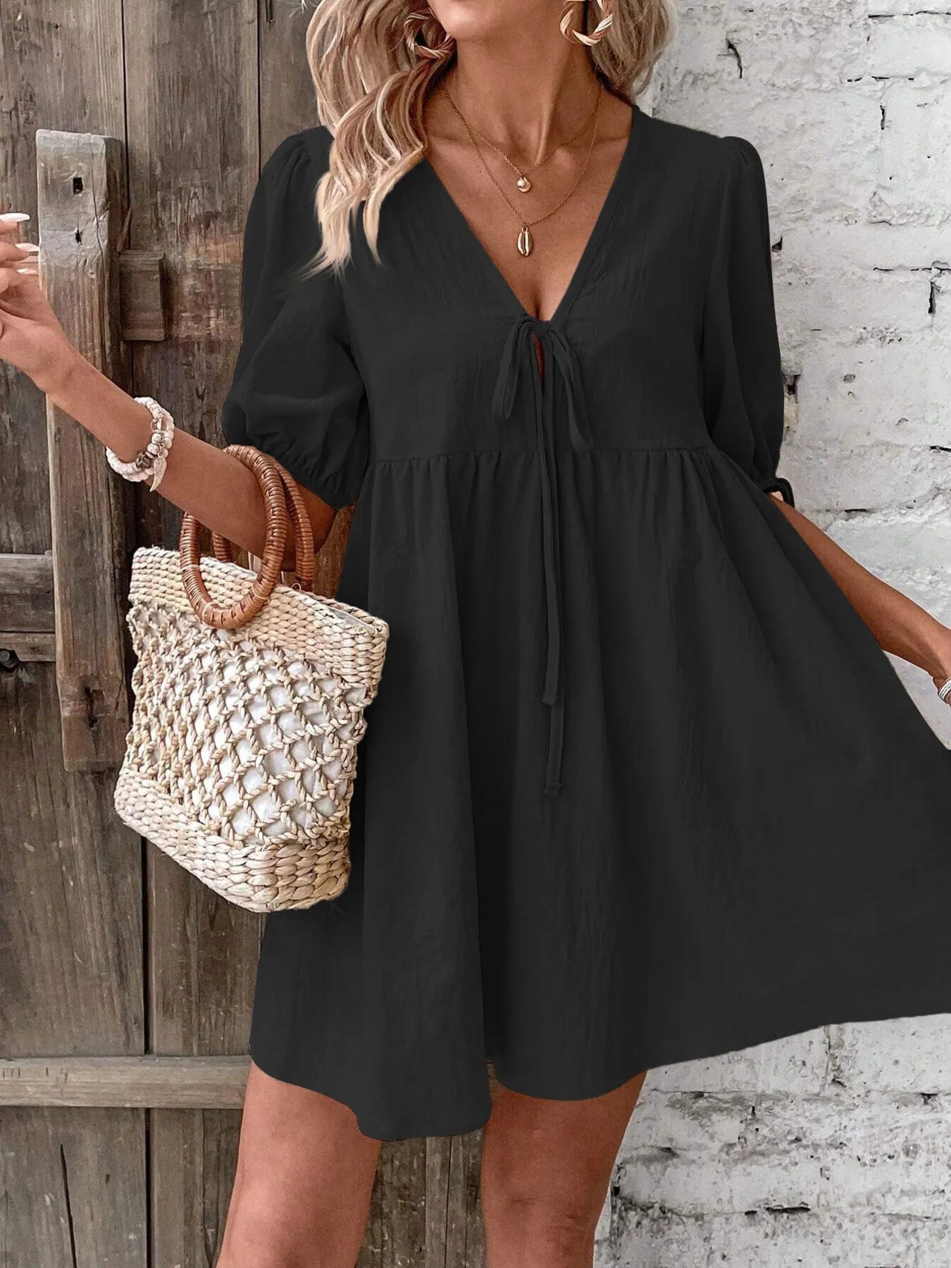 V-Neck Tie-Front Mini Dress with Puff Sleeves - adritiX
