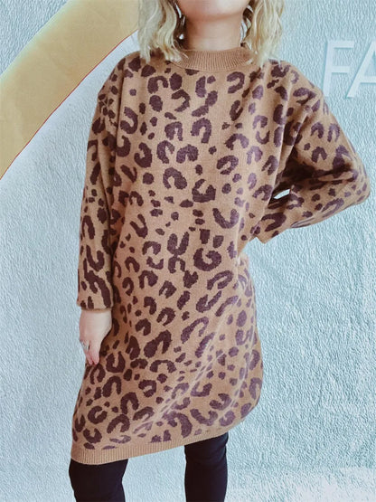 Leopard Round Neck Long Sleeve Sweater - adritiX