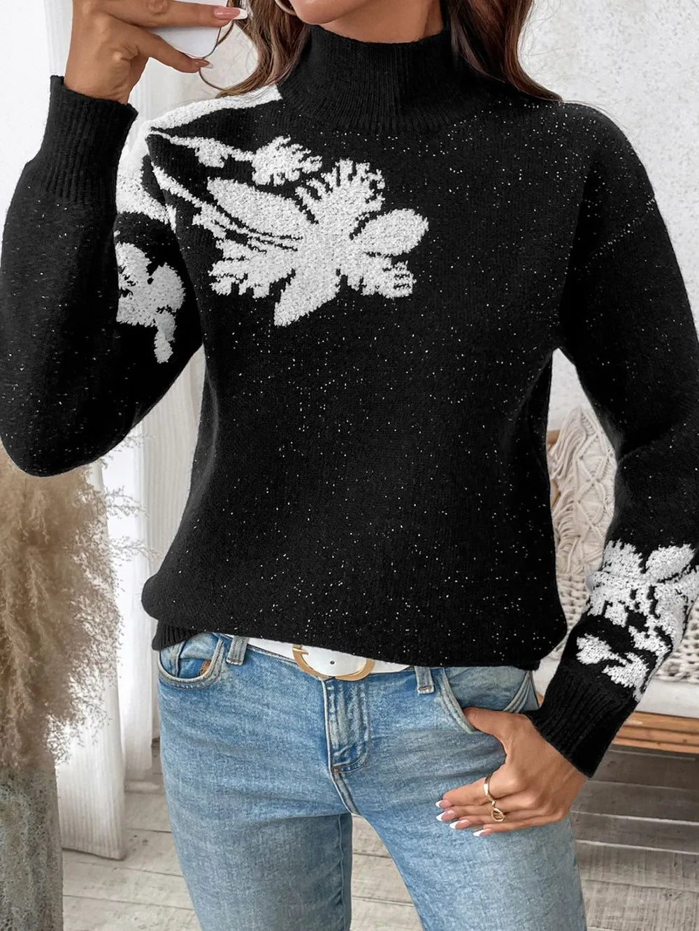Perfee Flower Mock Neck Long Sleeve Sweater - adritiX