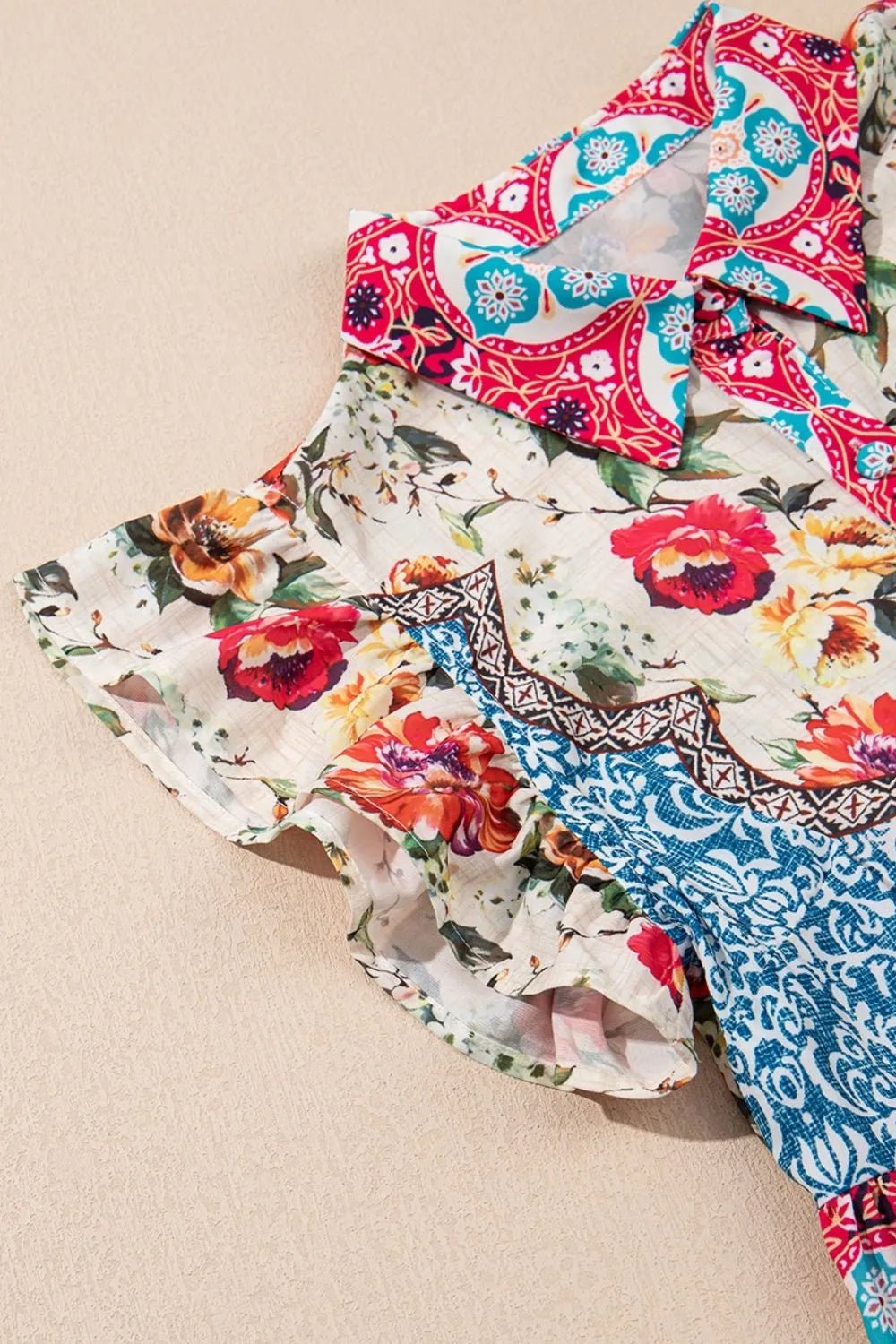 Floral Mixed Pattern Ruffle Flutter Sleeve Buttoned Dress - adritiX