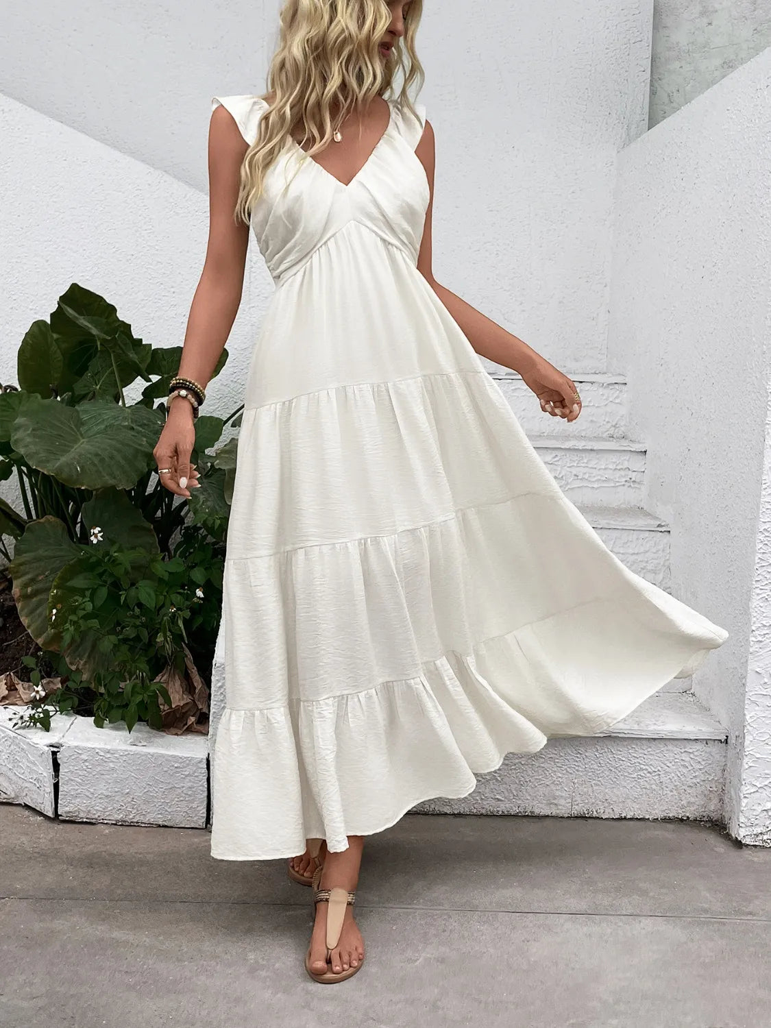 V-Neck Sleeveless Tiered Dress - adritiX