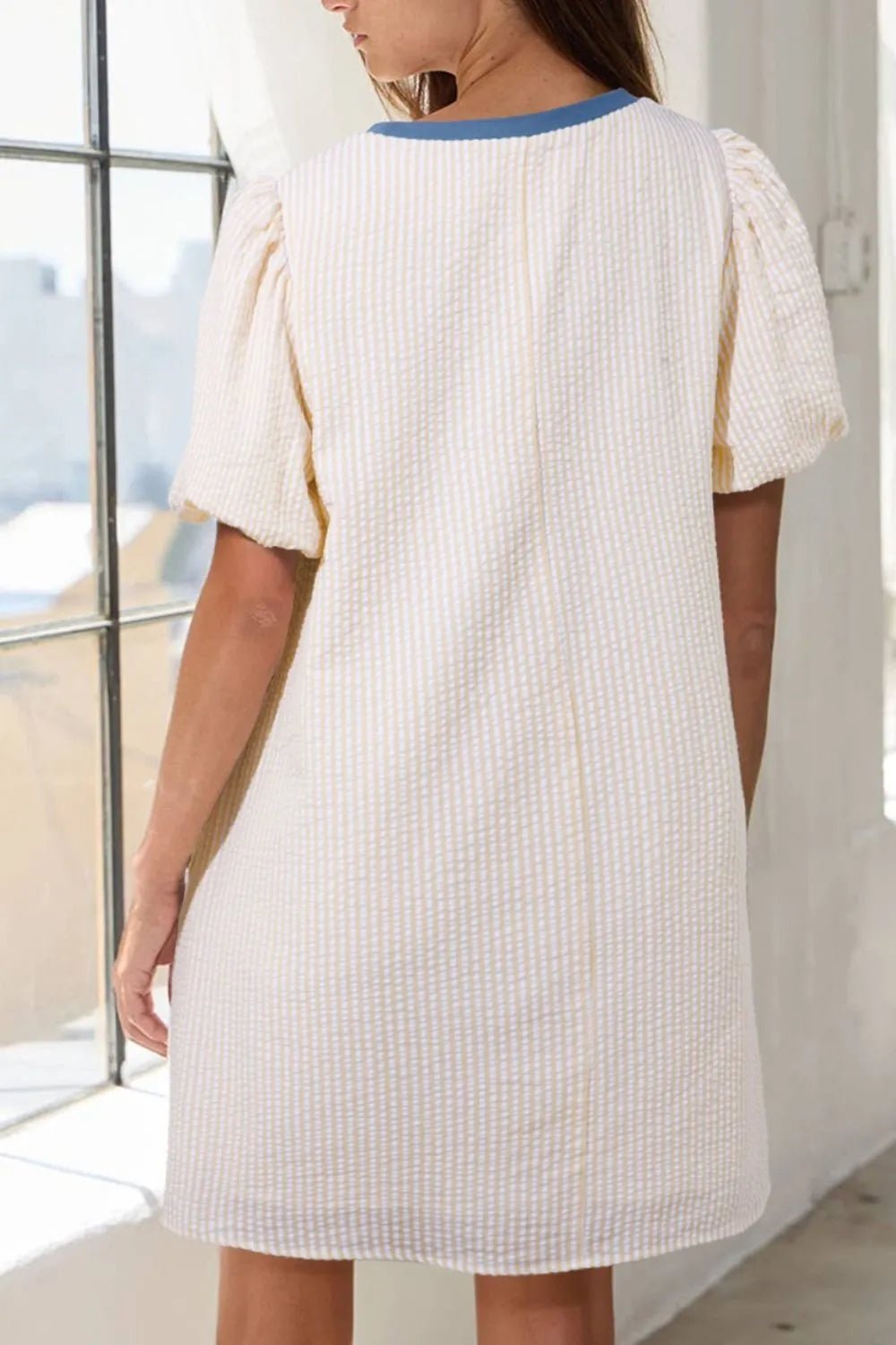 Stripe Seersucker Contrast Round Neck Puff Sleeve T Shirt Dress - adritiX