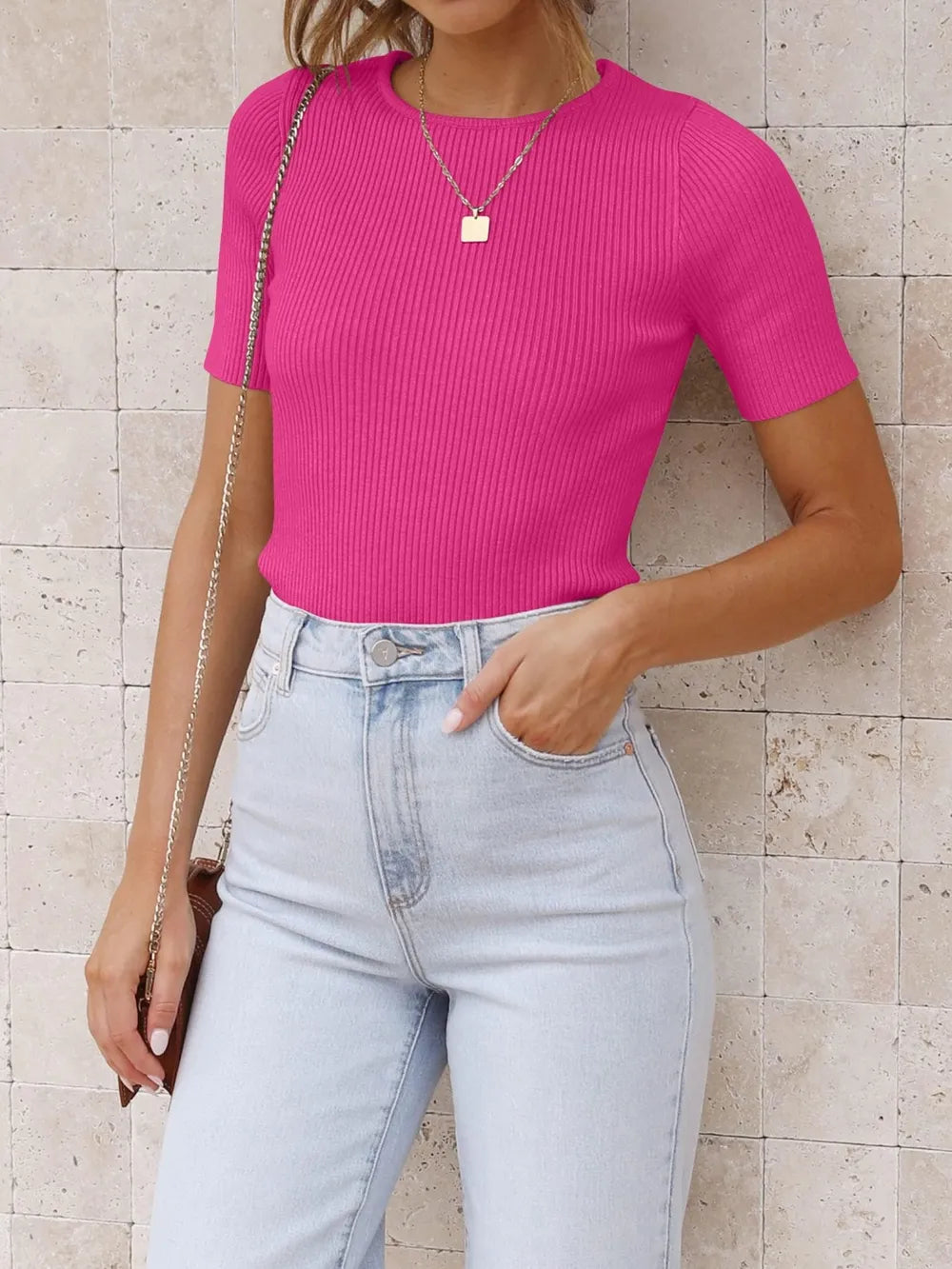 Round Neck Short Sleeve Knit Top - adritiX