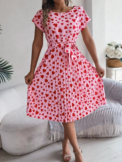 Heart Print Short Sleeve Tie Waist Dress - adritiX