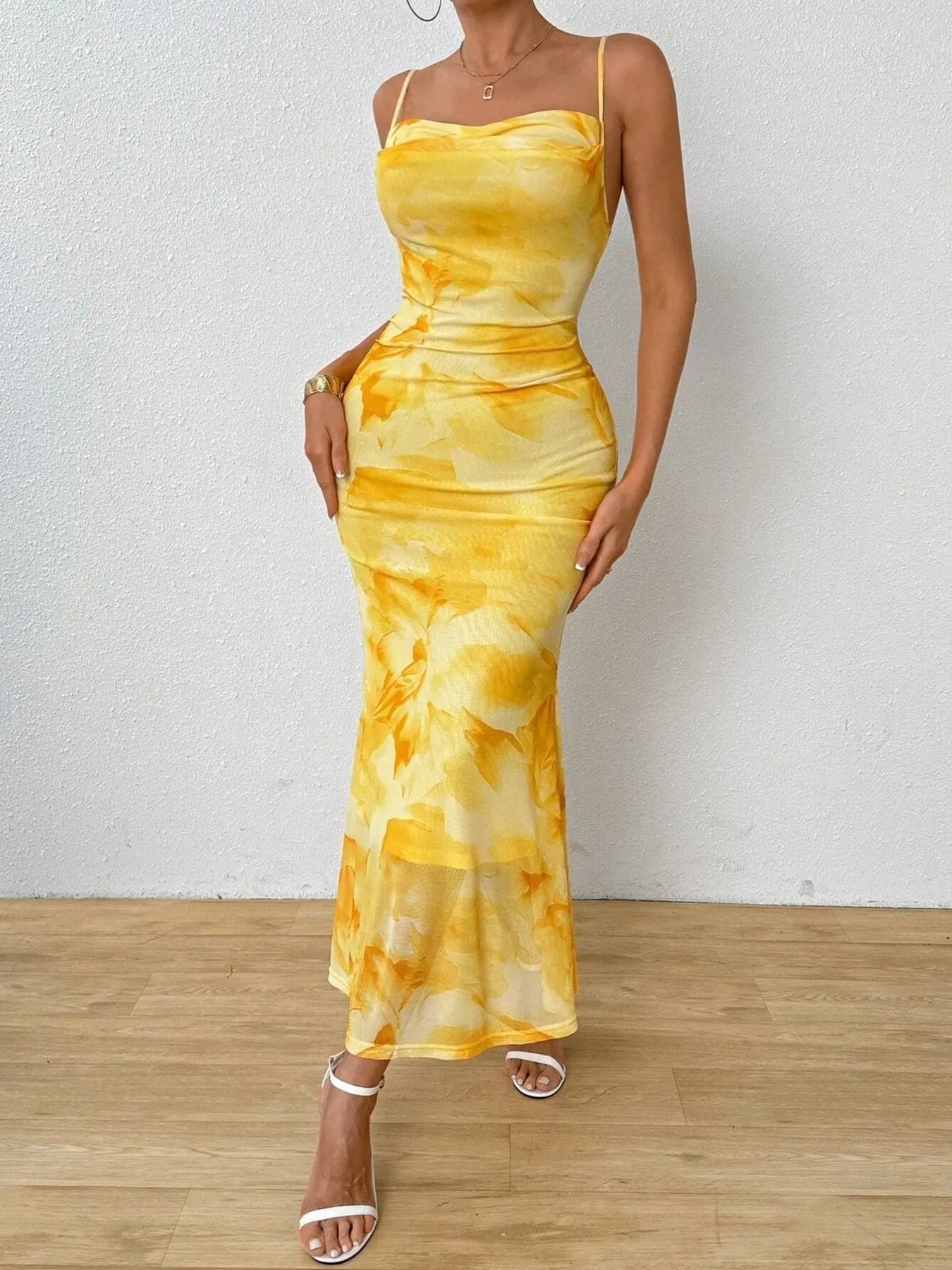 Tie-Dye Ruched Bodycon Mesh Cami Maxi Dress - adritiX