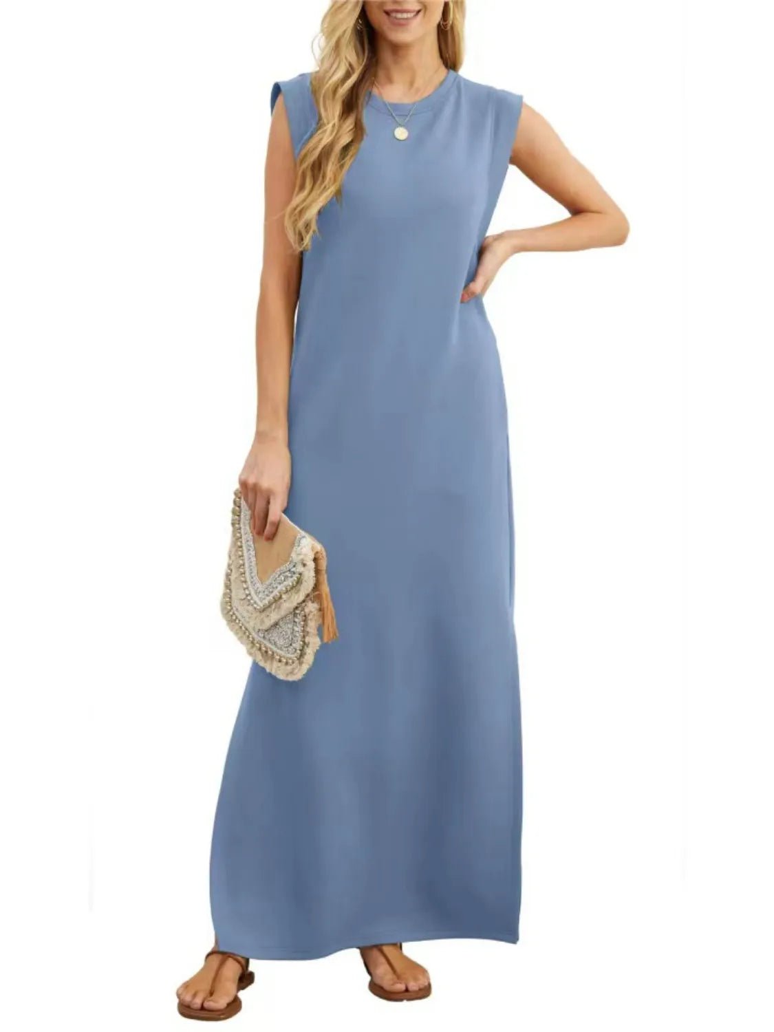 Full Size Slit Round Neck Sleeveless Maxi Tank Dress Plus Size - adritiX